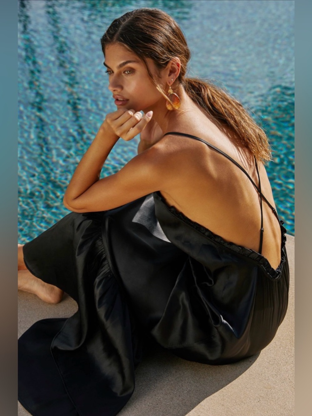 Anthropologie Minimal Satin Maxi Dress Ruffle Neckline Slip Dress - Picture 3 of 5